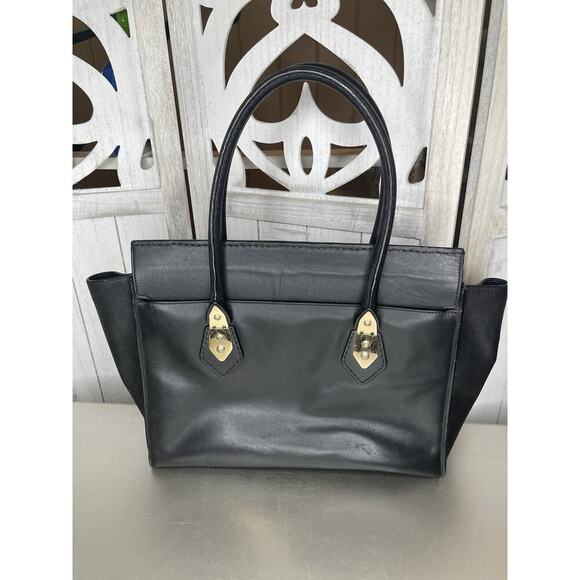 Henri Bendel Handbag Black Leather Top Handle Gold Hardware Classic Foldover - Picture 3 of 10